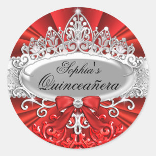 Autocollant Red Tiara & Damask Quinceanera