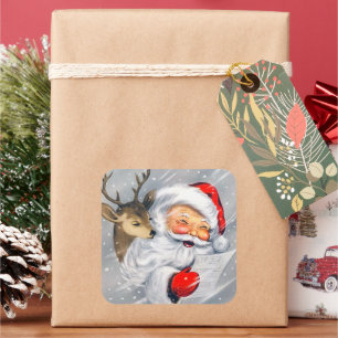 Autocollant rétro vintage Noël Père Noël rennes