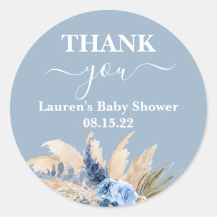 Autocollant rond Baby shower en laiton bleu Pampas