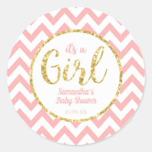 Autocollant rond   Chevron de baby shower rose et