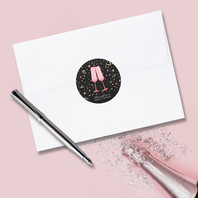 Autocollant Rond Classique de Mariage au Champagne (Pink champagne bridal shower envelope seal stickers)