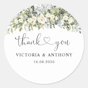 Autocollant Rond Classique de Mariage Floral Blanc