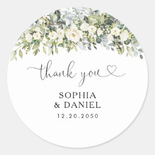 Autocollant Rond Classique de Mariage Floral Blanc