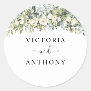 Autocollant Rond Classique de Mariage Floral Blanc