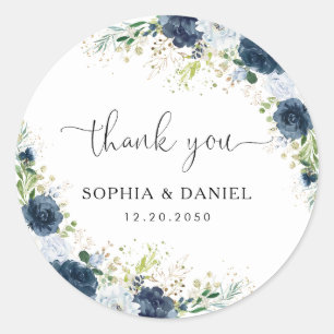 Autocollant rond classique de mariage floral bleu