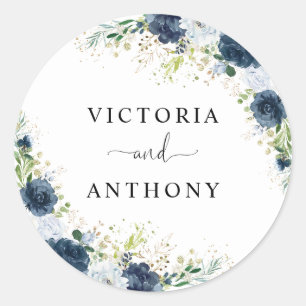 Autocollant rond classique de mariage floral bleu