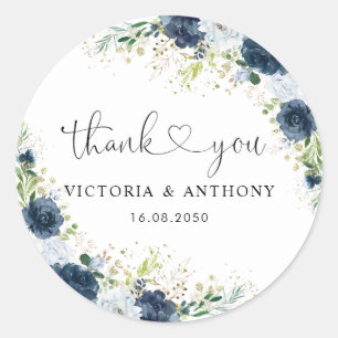 Autocollant rond classique de mariage floral bleu