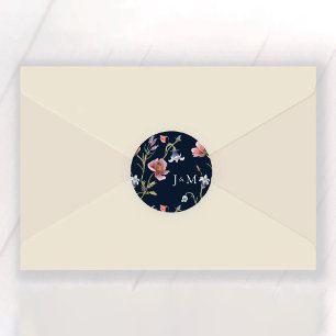 Autocollant rond classique Fleur sauvage bleu mari