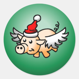 Autocollant rond classique Flying Pig Noël