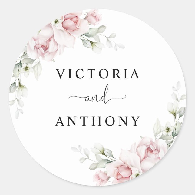 Autocollant Rond Classique Mariage Roses Rose Pâle (Devant)