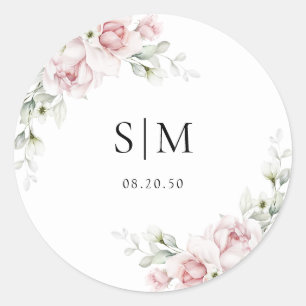 Autocollant Rond Classique Mariage Roses Rose Pâle
