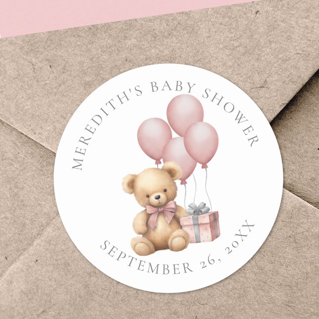 Autocollant Rond Classique pour Baby Shower Ourson (Pink Teddy Bear Baby Shower Classic Round Sticker )