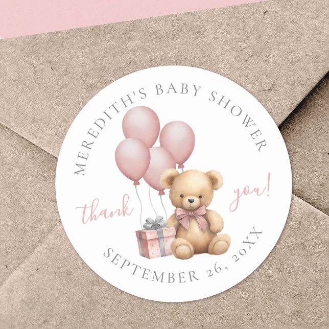 Autocollant Rond Classique pour Baby-Shower Ourson (Pink Teddy Bear Baby Shower Classic Round Sticker)