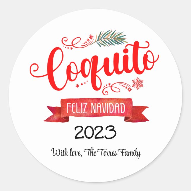 Autocollant rond Coquito Red banner Feliz Navidad (Devant)