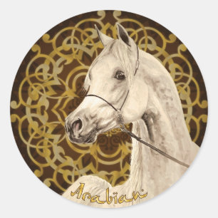 Autocollant rond de cheval Arabe gris