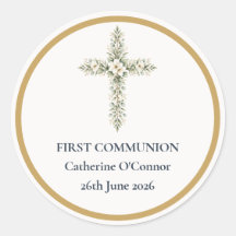 Autocollant rond de croix florale de première comm