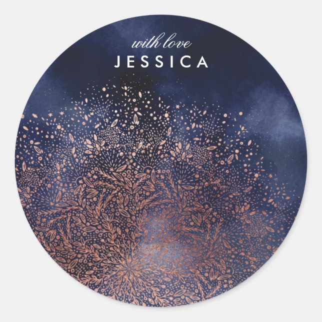 Autocollant rond de Noël bleu-or personnalisé (Devant)