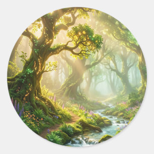 Autocollant Rond de Ruisseau de Forêt Enchantée
