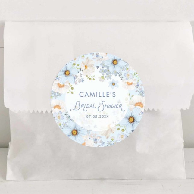 Autocollant Rond Élégant Fleurs Bleues pour Mariag (blue Floral bridal shower round sticker)