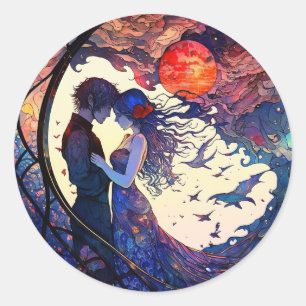 Autocollant Rond Faux Vitrail de Couple