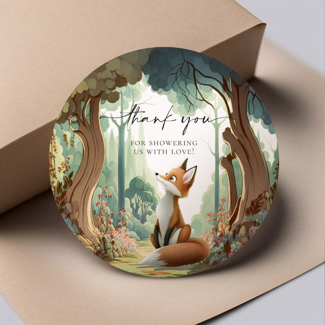 Autocollant Rond Fête Prénatale Renard en Bois Cla (Créateur téléchargé)