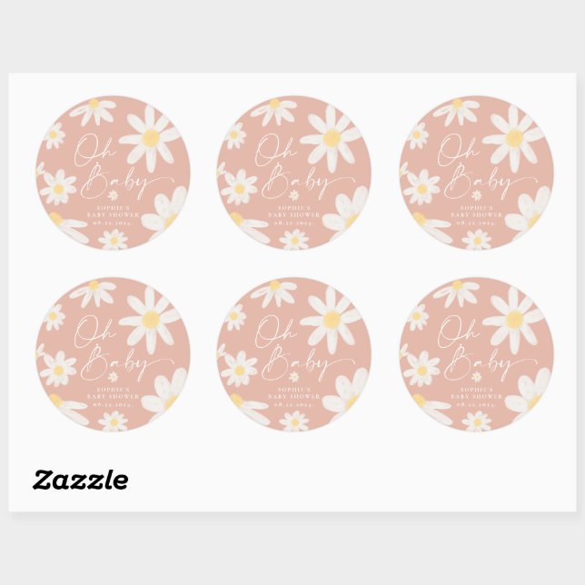 Autocollant Rond Fleur de Pâquerette Rose Boho (Feuille)