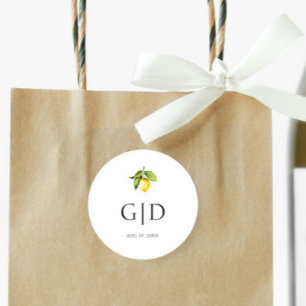 Autocollant Rond Mariage Monogramme Citron Jaune