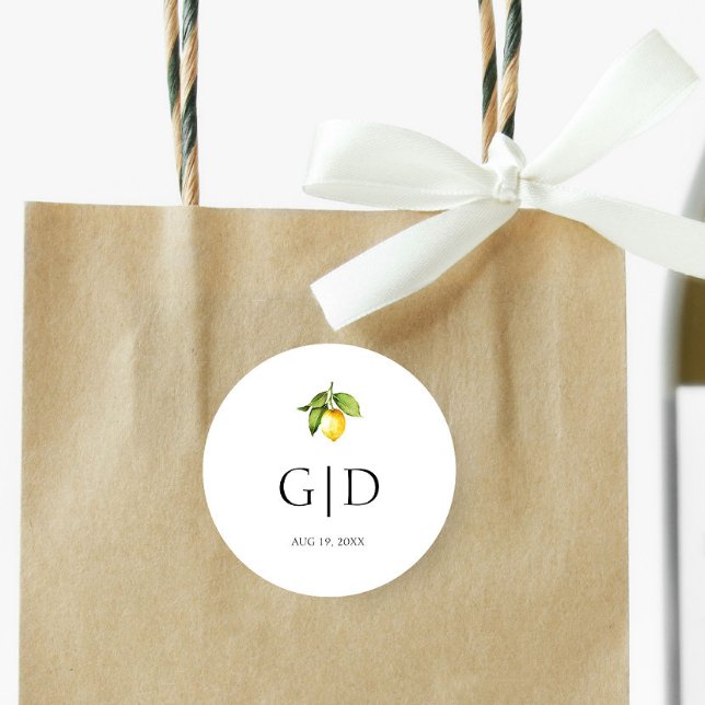 Autocollant Rond Mariage Monogrammes Citron Jaune (Créateur téléchargé)