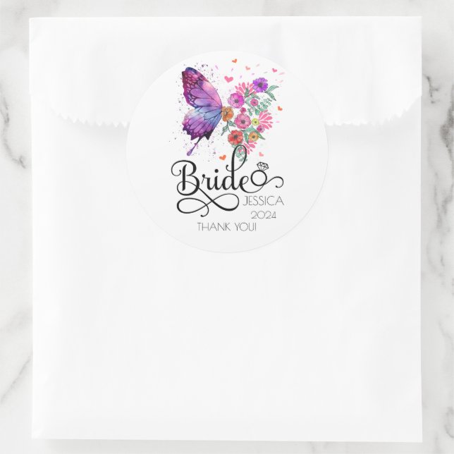Autocollant rond Mariée Bohème Fleur Papillon (Sac)