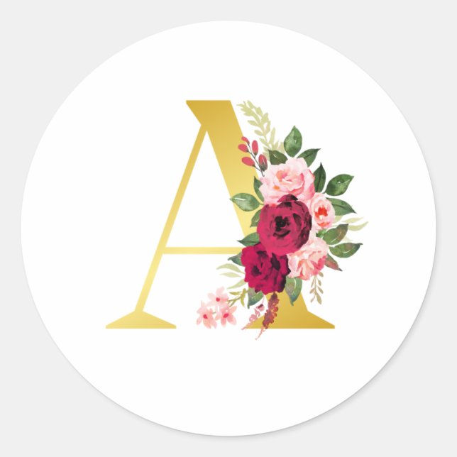 Autocollant rond Monogramme floral "A" (Devant)