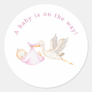 Autocollant rond pour baby shower Pink Stork