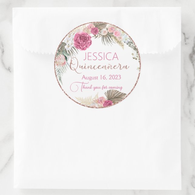 Autocollant rond Rose Quinceanera Parties scintill (Sac)