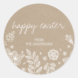 Autocollant rond Rustique Kraft Floral Happy Pâque