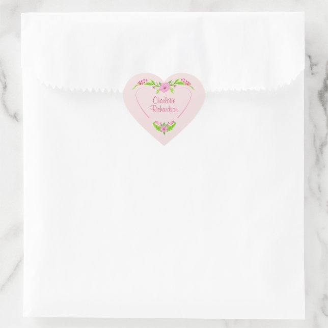 Autocollant rose et vert nostalgique à coeur flora (Sac)