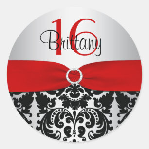Autocollant rouge, argent et noir Damask Sweet 16