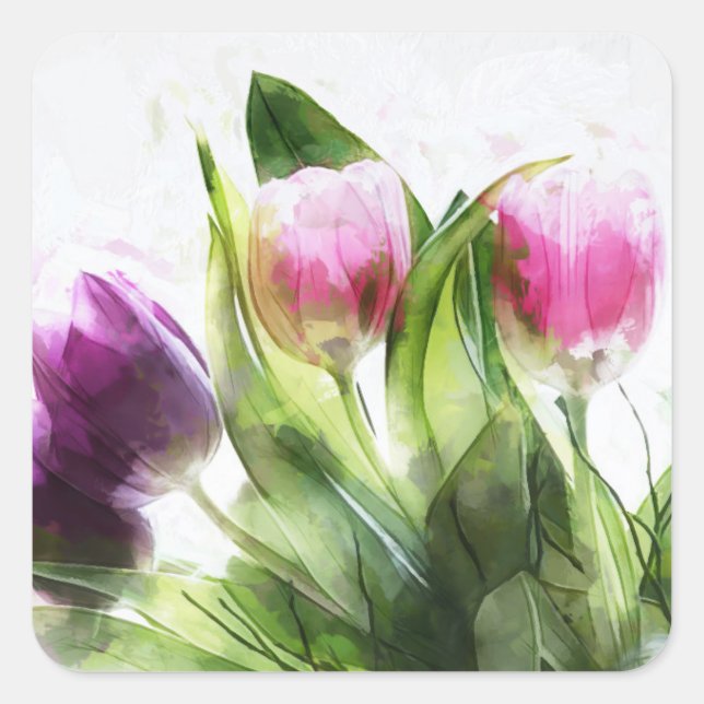 Autocollant Tulipes Rose et Violet Aquarelle (Devant)