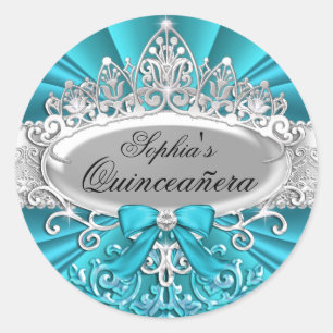 Autocollant turquoise Tiara & Damask Quinceanera