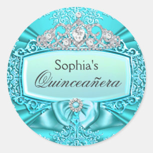Autocollant turquoise Tiara & Damask Quinceanera