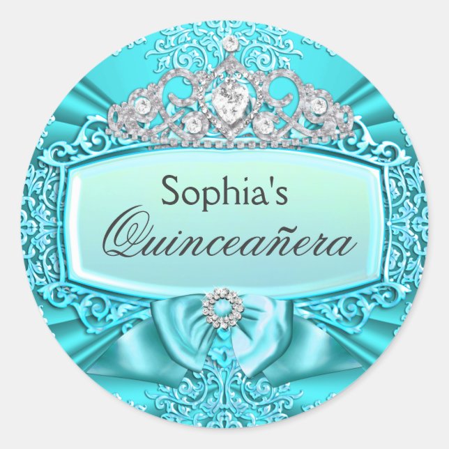 Autocollant turquoise Tiara & Damask Quinceanera (Devant)