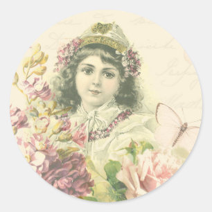 Autocollant vintage de fille avec de belles fleurs