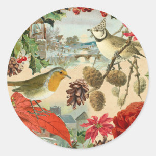 Autocollant vintage de Noël avec des oiseaux et