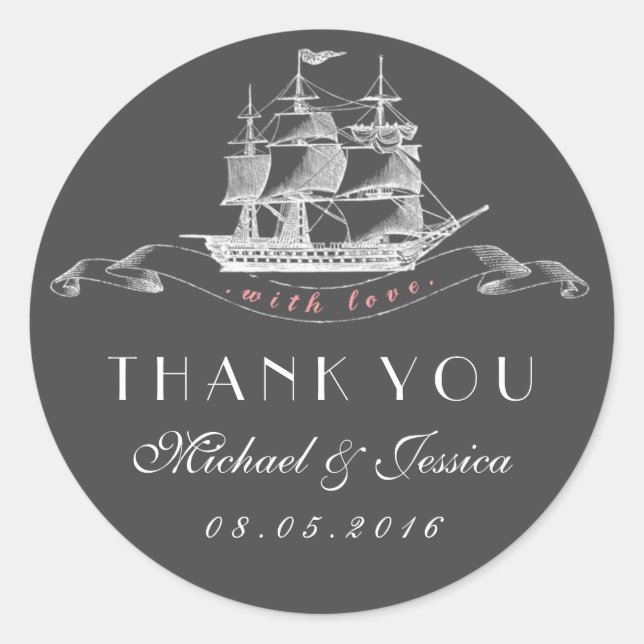 Autocollant vintage Mariage Merci rose gris (Devant)