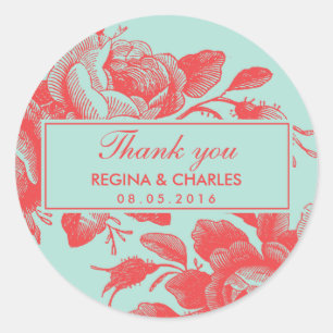 Autocollant vintage Mariage Merci Rose rouge