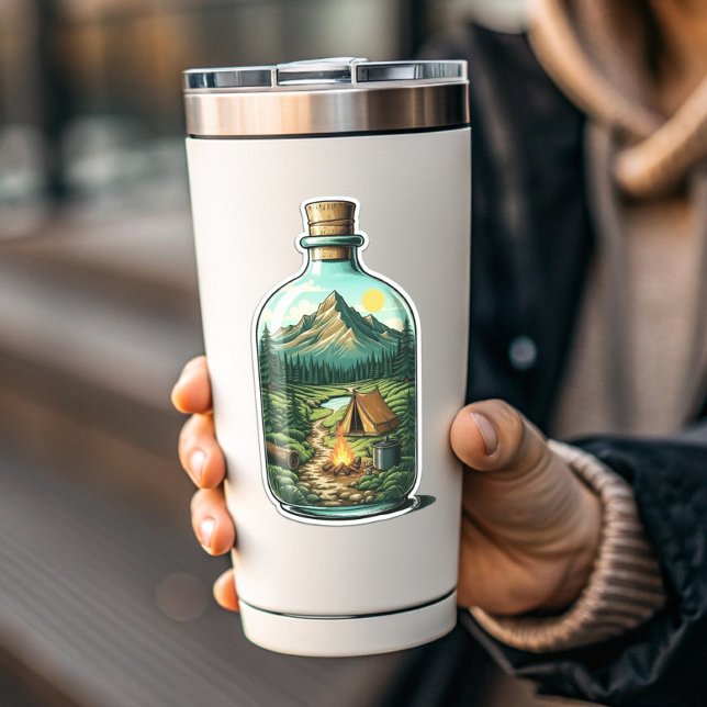 Autocollant vinyle Camping en forêt dans une boute (Forest Camping In a Bottle Vinyl Sticker | Sticker by PiggyPrint Stickers)