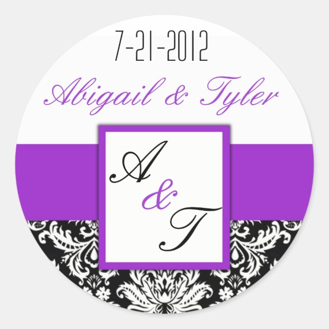 Autocollant violet noir Mariage Monogramme Damask (Devant)