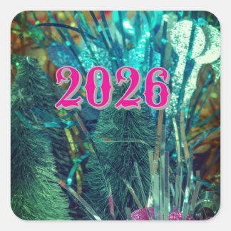 Autocollants carrés Bonne Année brillent de couleu