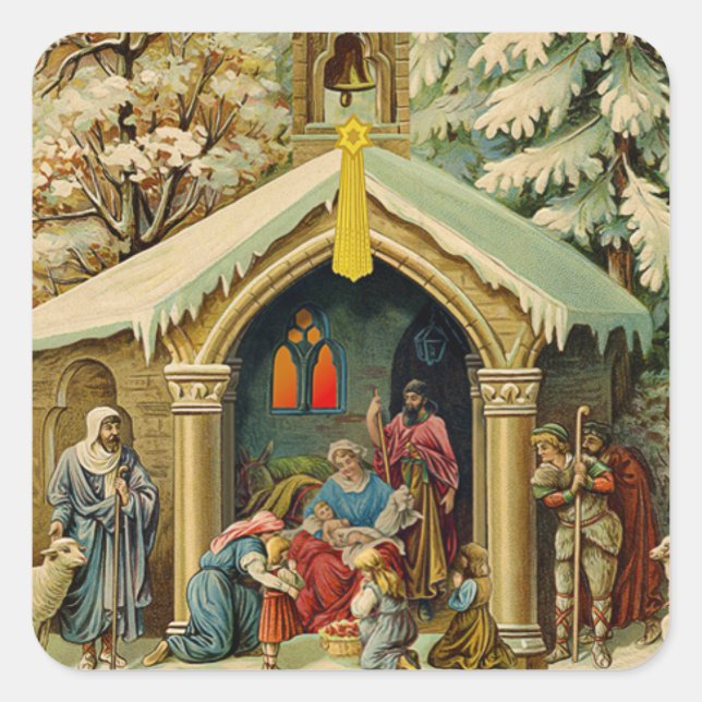 Autocollants carrés de la scène de la Nativité vin (Devant)