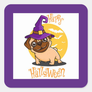 Autocollants carrés sorcière Halloween Pug