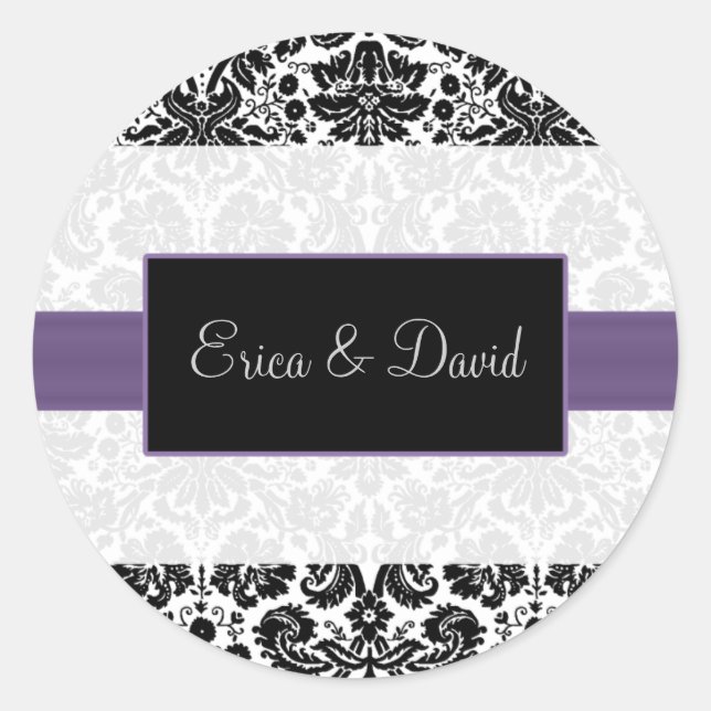 autocollants damask violet Mariage Monogrammes (Devant)