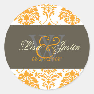 Autocollants de mariage à monogramme damassé orang